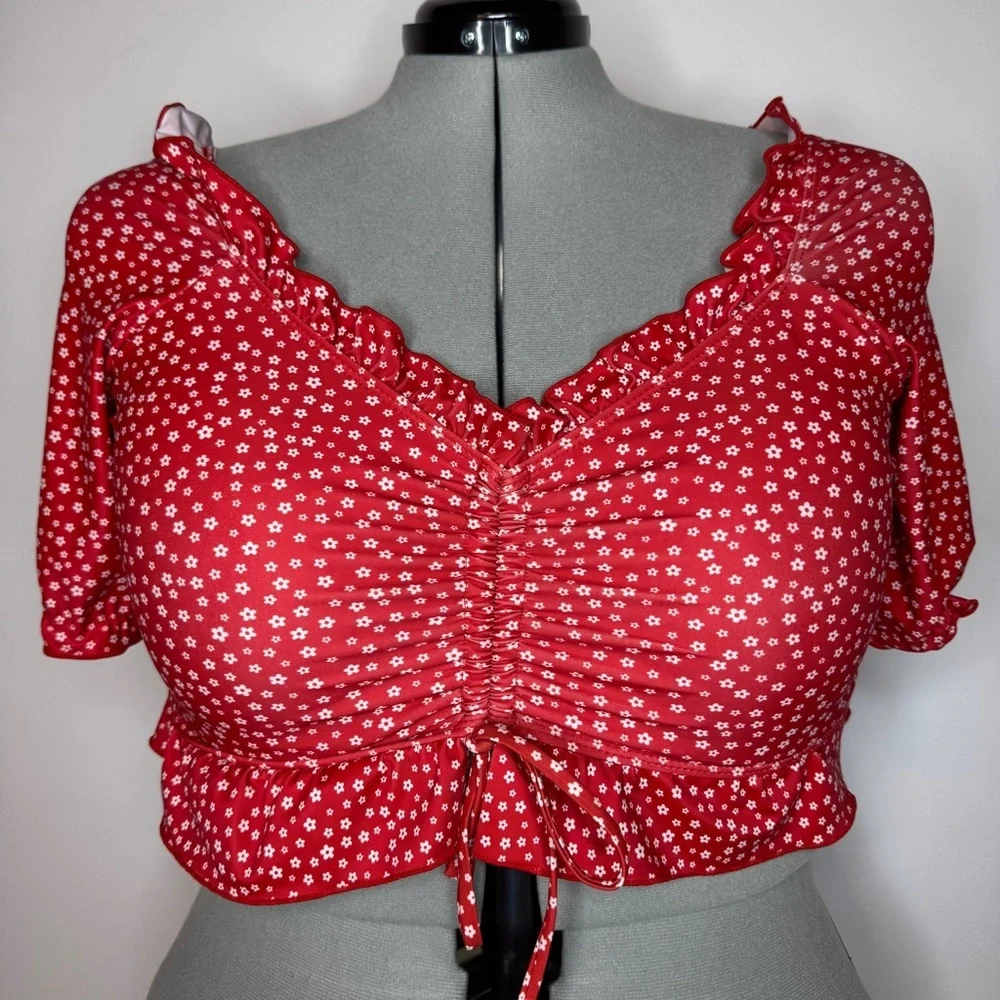 Red Floral Off-Shoulder Swim Top